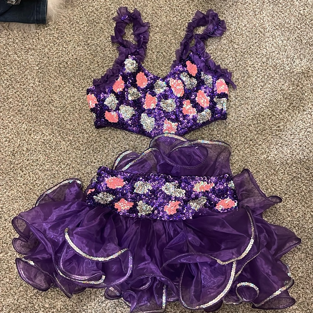 Purple sequin two piece costume with pink flowers and purple ruffles! Size SA